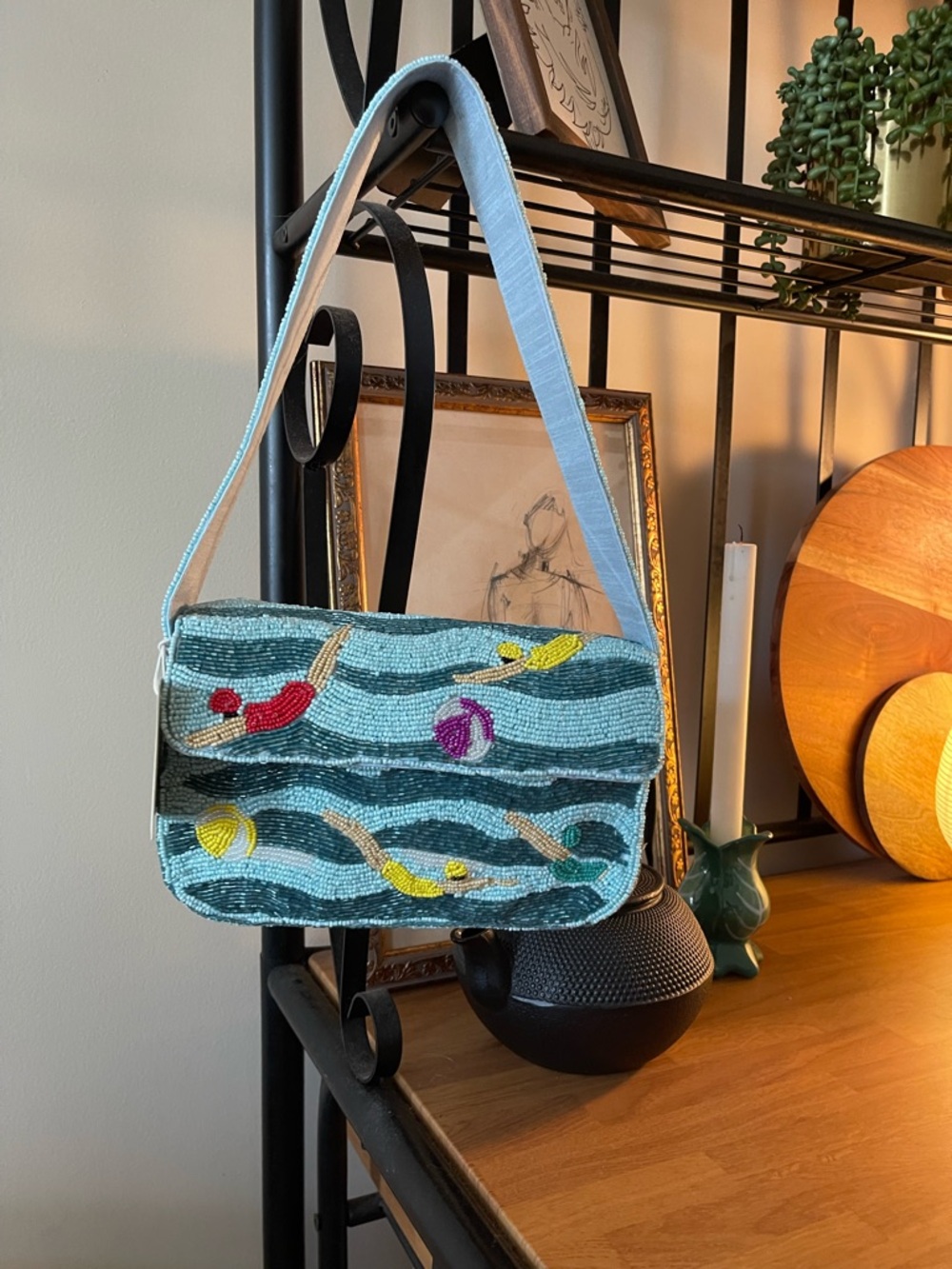 Hand-Beaded Aqua Wave Shoulder Bag with Multicolor Embellishments